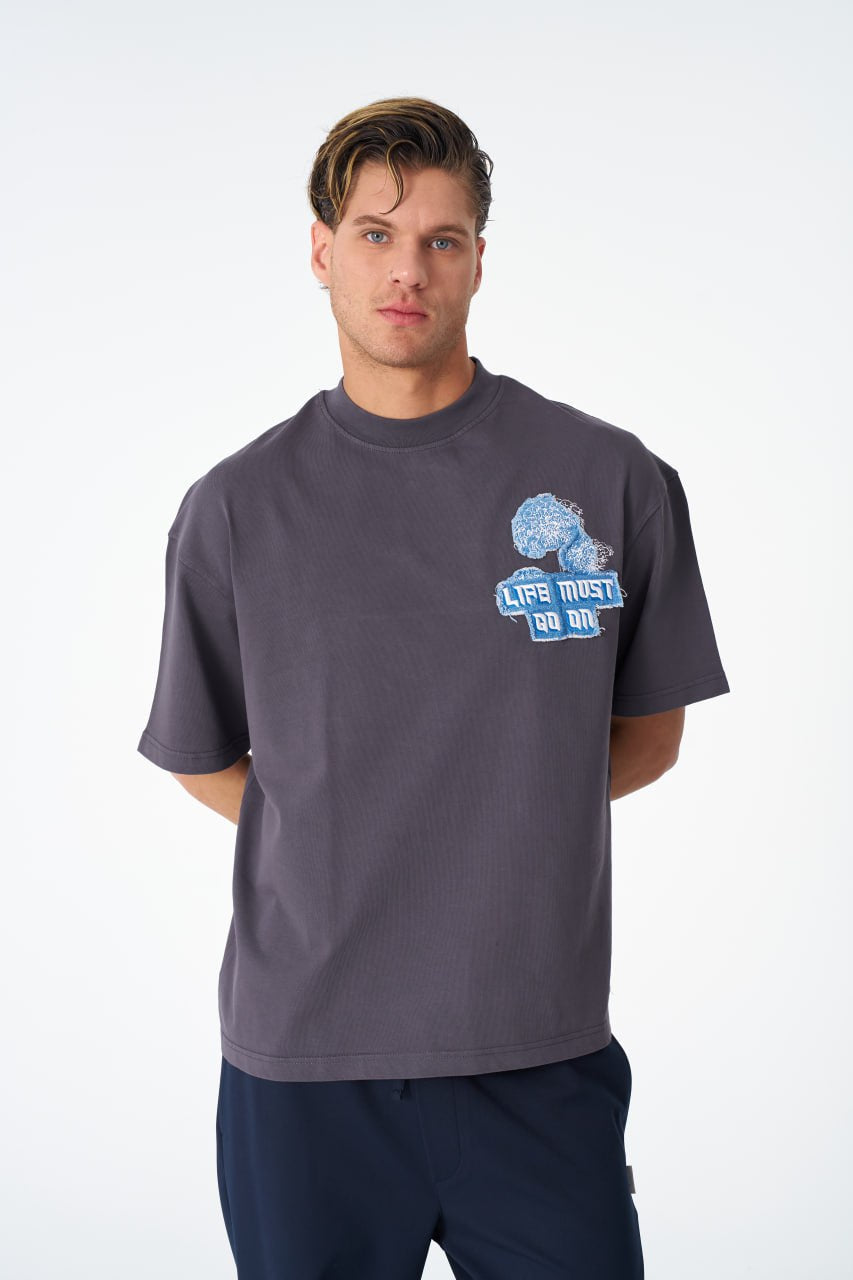 Oversize Cotton Tee - "Life Must Go On" Patch & Plant Graphic Withinblack