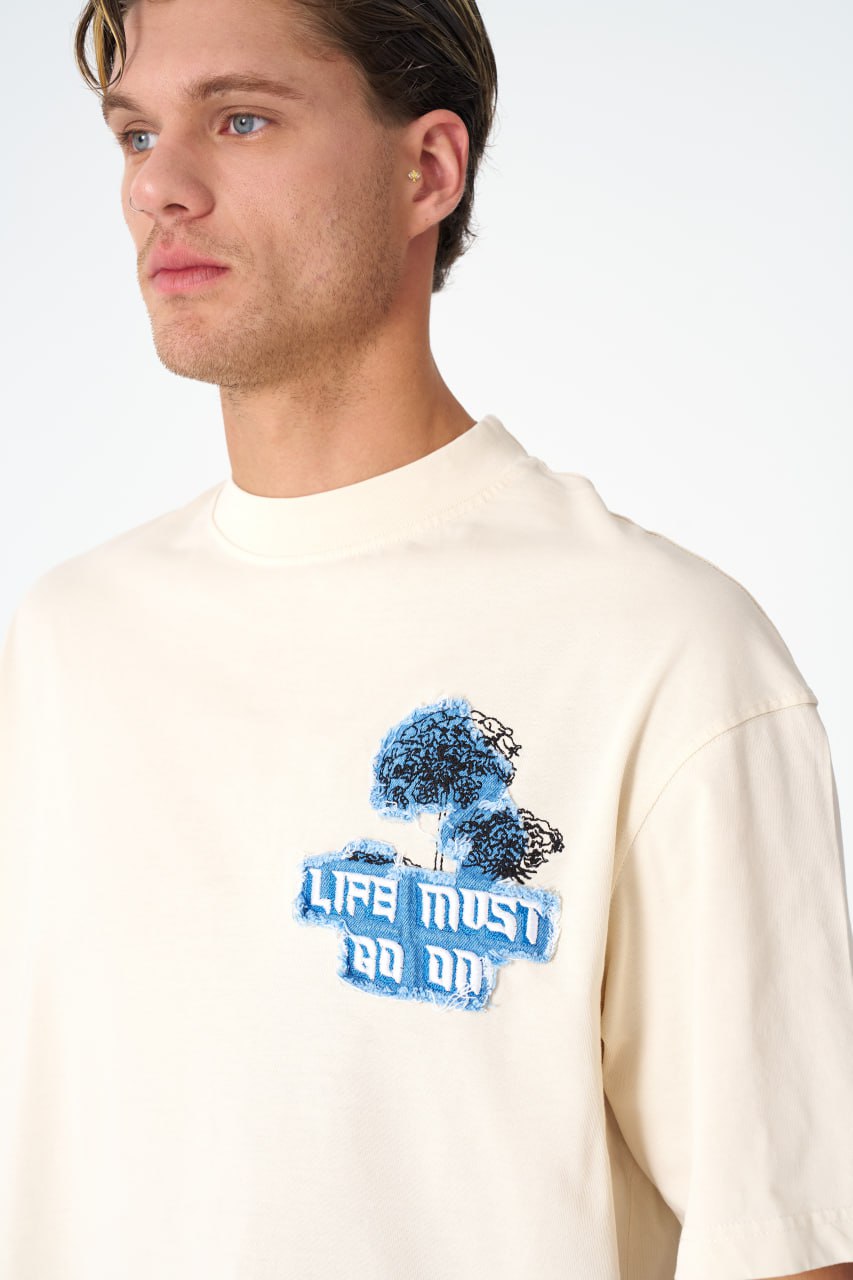 Oversize Cotton Tee - "Life Must Go On" Patch & Plant Graphic Withinblack