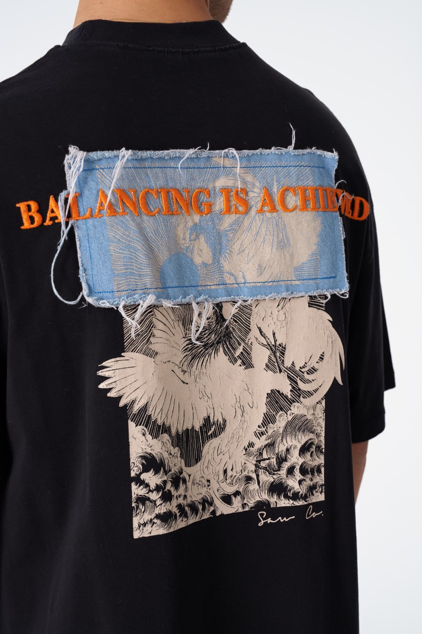 Oversize Cotton Tee / Mythical Bird & Waves Graphic Print "Balancing Is A Chaotic" Withinblack