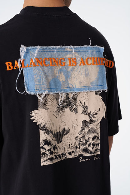 Oversize Cotton Tee / Mythical Bird & Waves Graphic Print "Balancing Is A Chaotic" Withinblack
