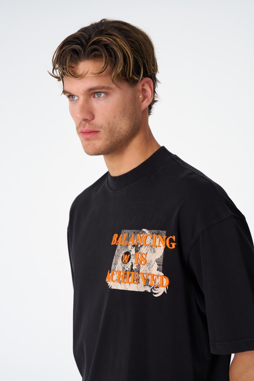 Oversize Cotton Tee / Mythical Bird & Waves Graphic Print "Balancing Is A Chaotic" Withinblack