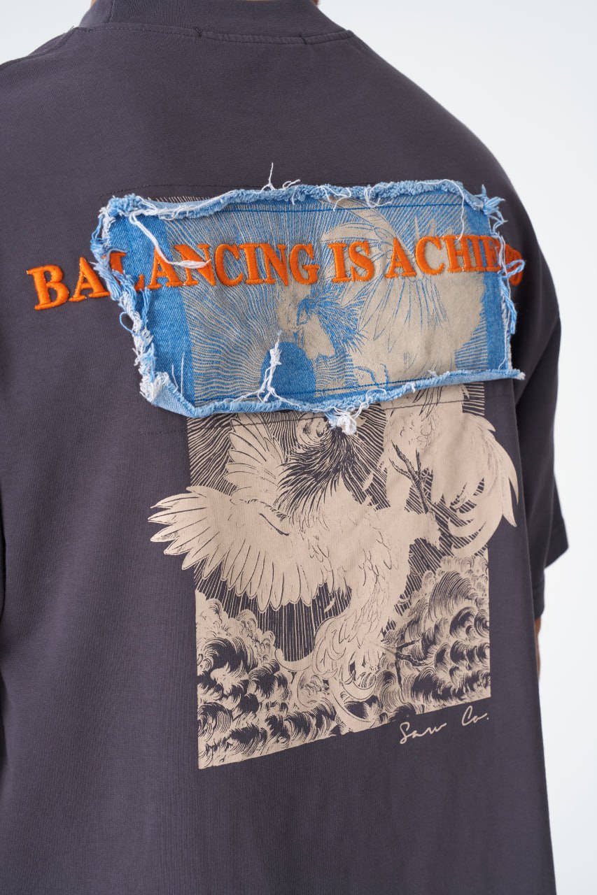 Oversize Cotton Tee / Mythical Bird & Waves Graphic Print "Balancing Is A Chaotic" Withinblack