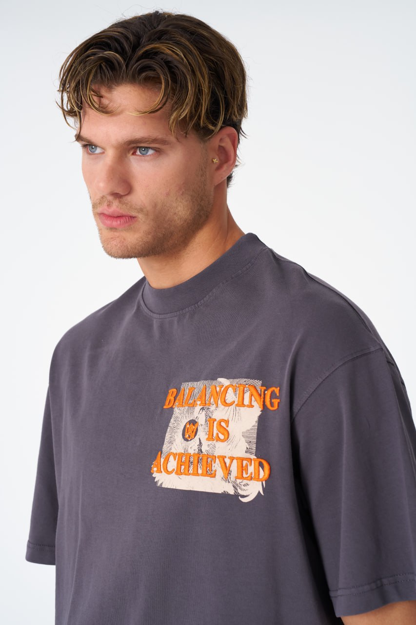 Oversize Cotton Tee / Mythical Bird & Waves Graphic Print "Balancing Is A Chaotic" Withinblack