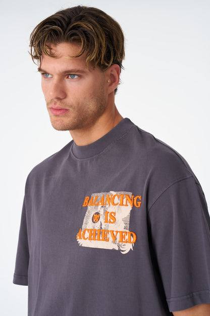 Oversize Cotton Tee / Mythical Bird & Waves Graphic Print "Balancing Is A Chaotic" Withinblack