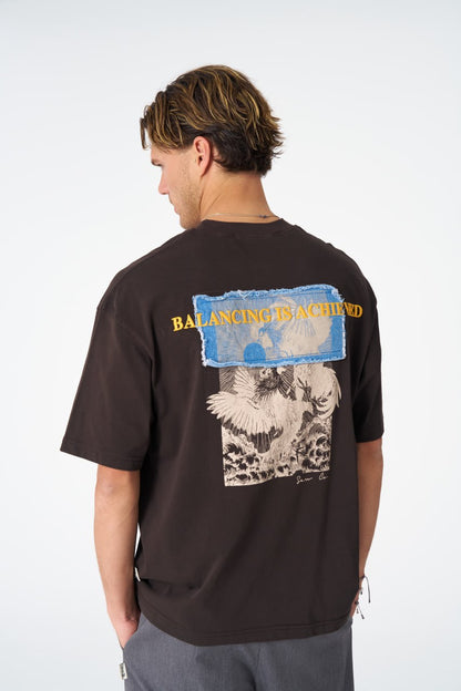Oversize Cotton Tee / Mythical Bird & Waves Graphic Print "Balancing Is A Chaotic" Withinblack