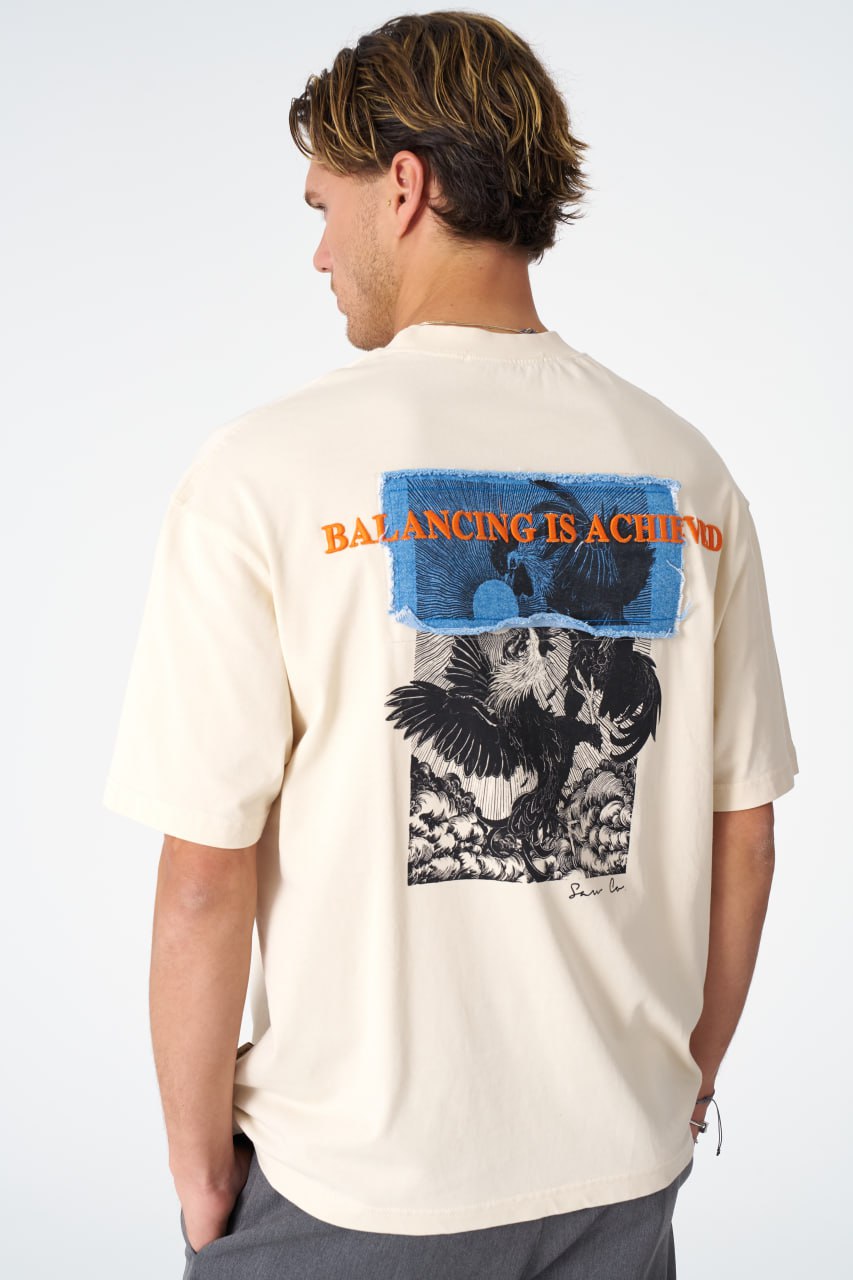 Oversize Cotton Tee / Mythical Bird & Waves Graphic Print "Balancing Is A Chaotic" Withinblack