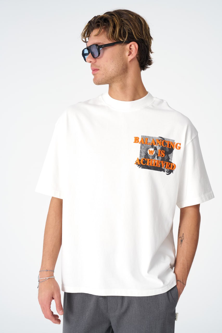 Oversize Cotton Tee / Mythical Bird & Waves Graphic Print "Balancing Is A Chaotic" Withinblack