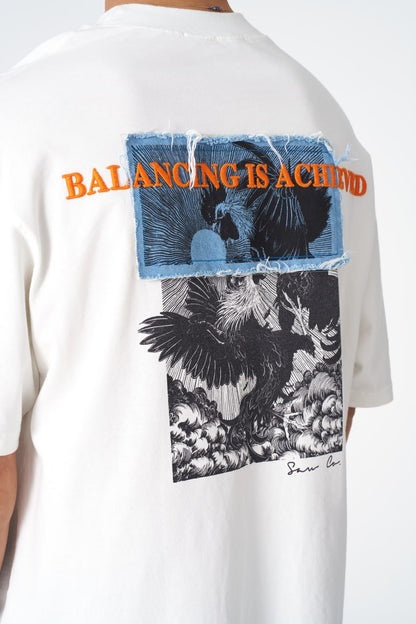 Oversize Cotton Tee / Mythical Bird & Waves Graphic Print "Balancing Is A Chaotic" Withinblack