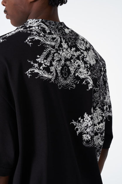 Oversize Cotton Tee / Ornate Baroque Style Graphic Print Withinblack
