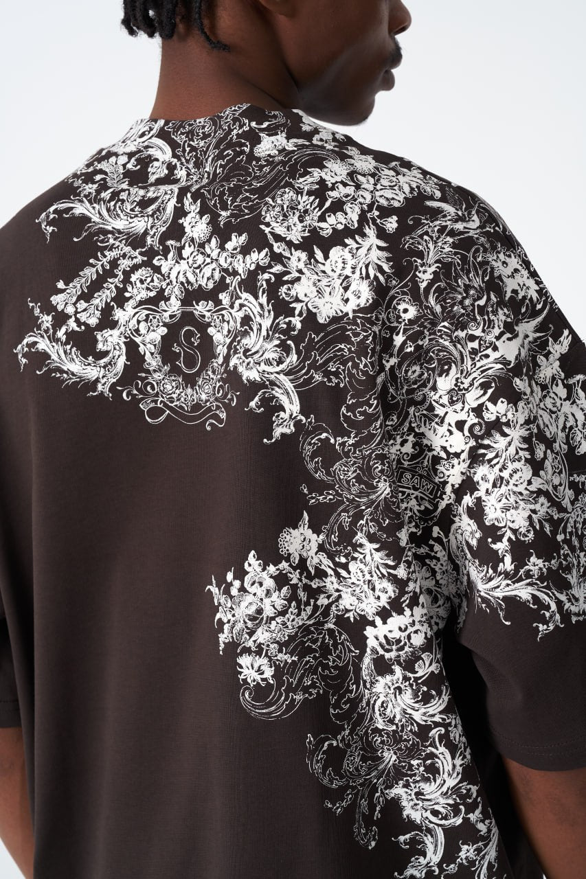 Oversize Cotton Tee / Ornate Baroque Style Graphic Print Withinblack