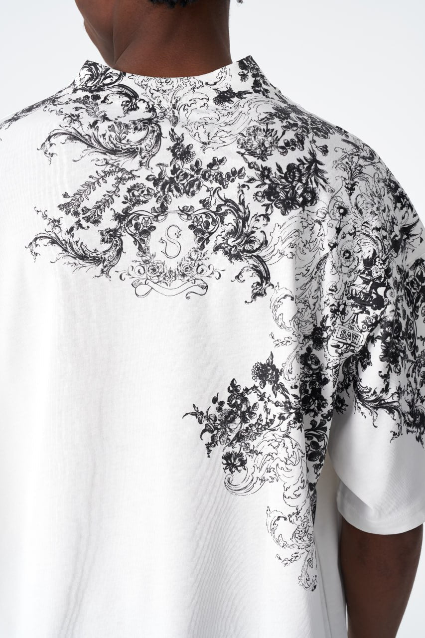 Oversize Cotton Tee / Ornate Baroque Style Graphic Print Withinblack