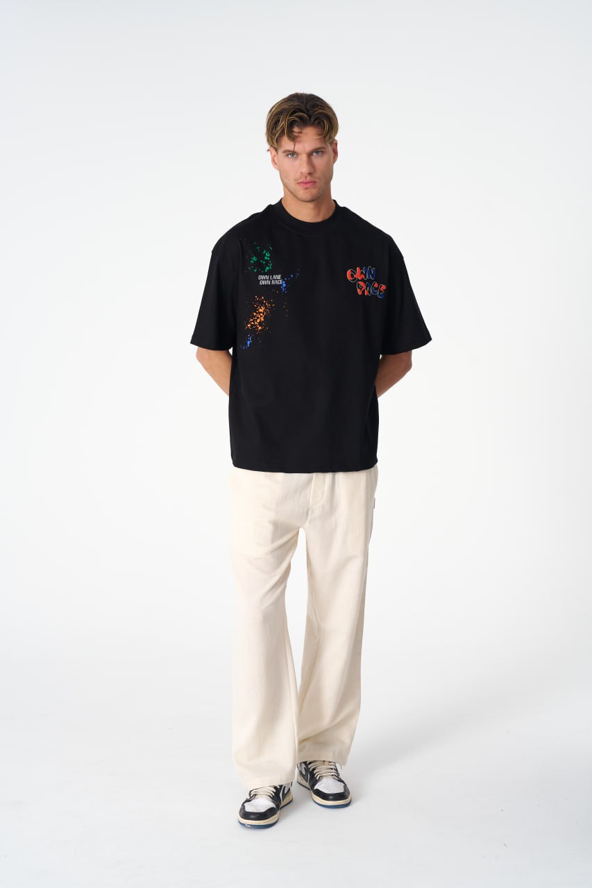 Oversize Cotton Tee / "Own Pace" Paint Splatter Graphic Print Withinblack