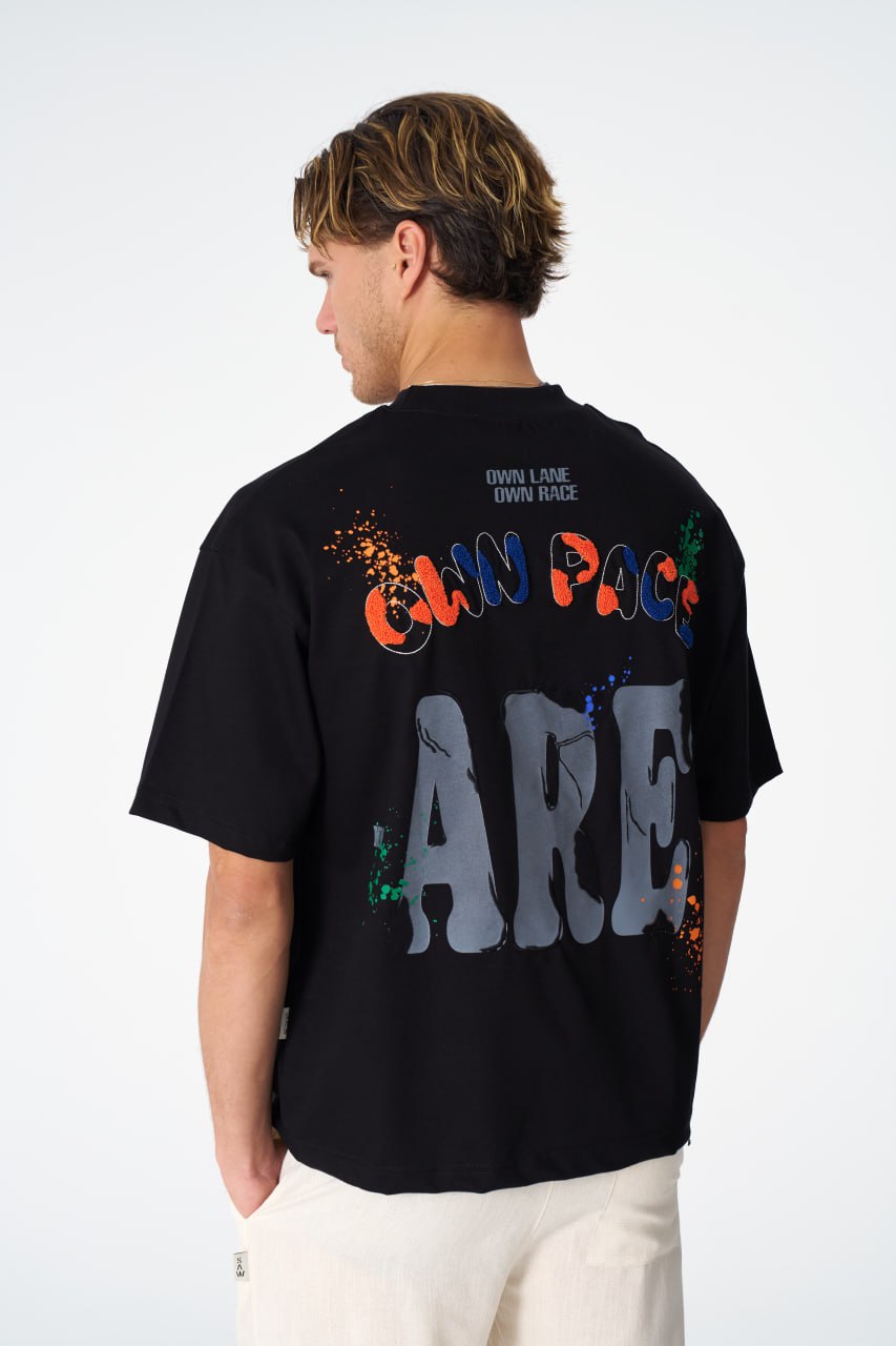 Oversize Cotton Tee / "Own Pace" Paint Splatter Graphic Print Withinblack