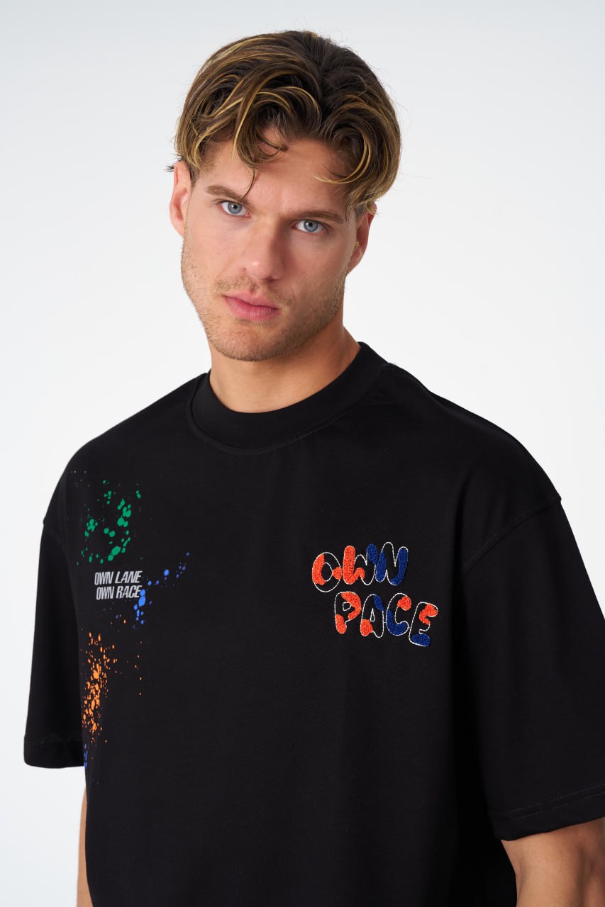 Oversize Cotton Tee / "Own Pace" Paint Splatter Graphic Print Withinblack