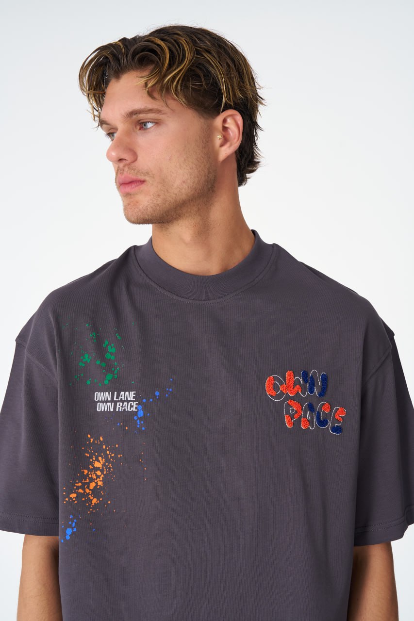 Oversize Cotton Tee / "Own Pace" Paint Splatter Graphic Print Withinblack