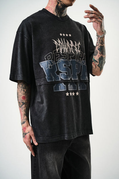 Oversize Cotton Tee - "RESPIRA" Graphic Print with Stars Withinblack