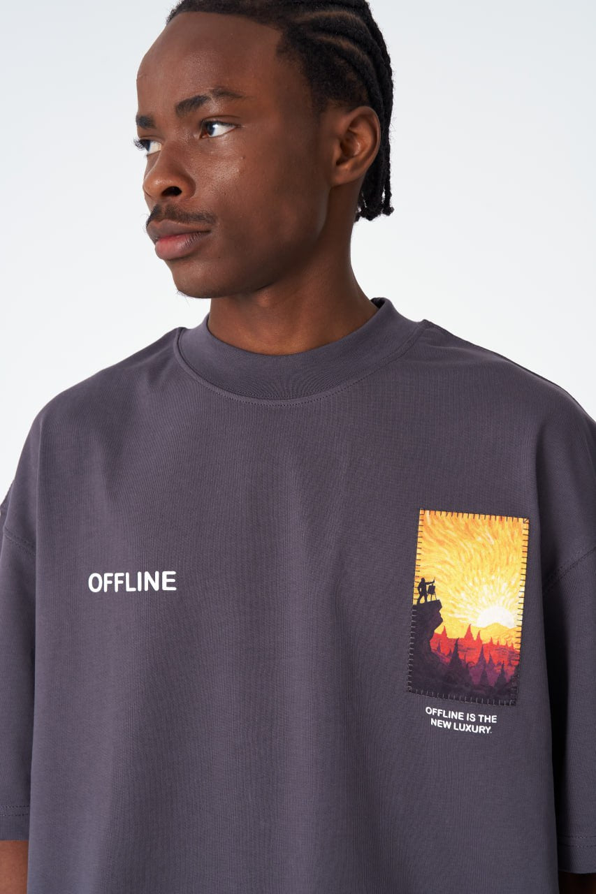 Oversize Cotton Tee / Sunset Birds & Boat Graphic Print "Offline Is The New Luxury" Withinblack
