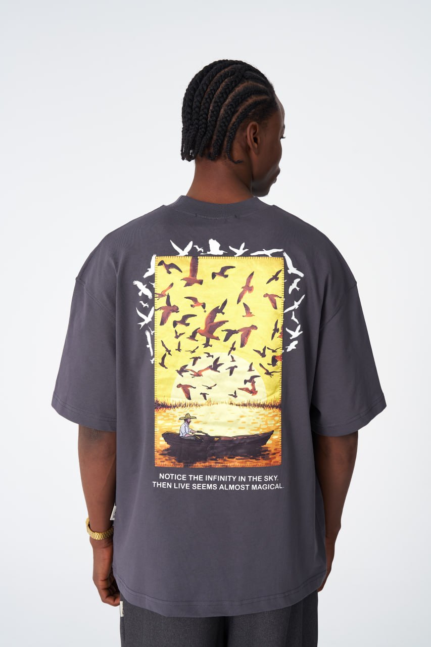 Oversize Cotton Tee / Sunset Birds & Boat Graphic Print "Offline Is The New Luxury" Withinblack