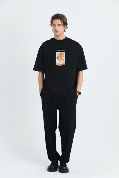 Oversize Cotton Tee - Van Gogh Sunflowers Art Print with Quote Withinblack