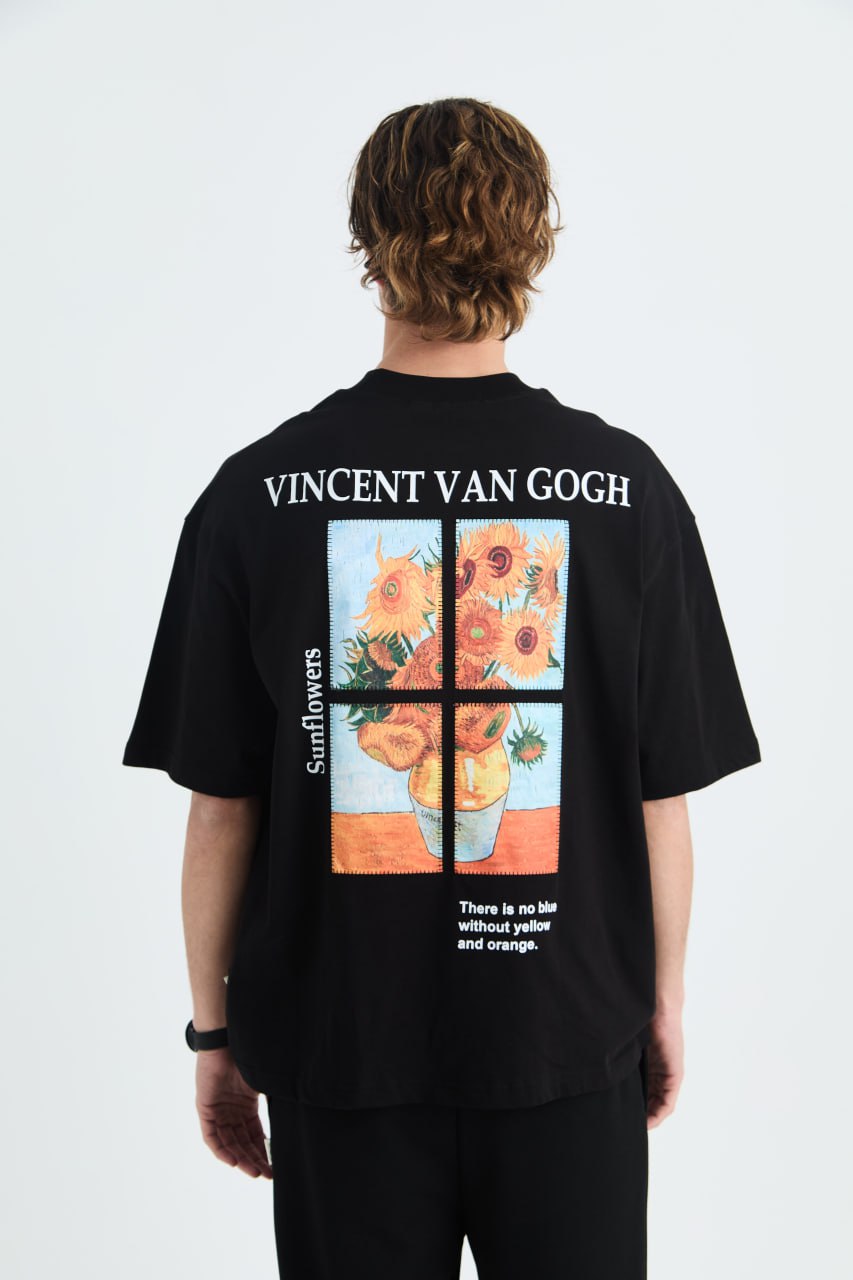 Oversize Cotton Tee - Van Gogh Sunflowers Art Print with Quote Withinblack