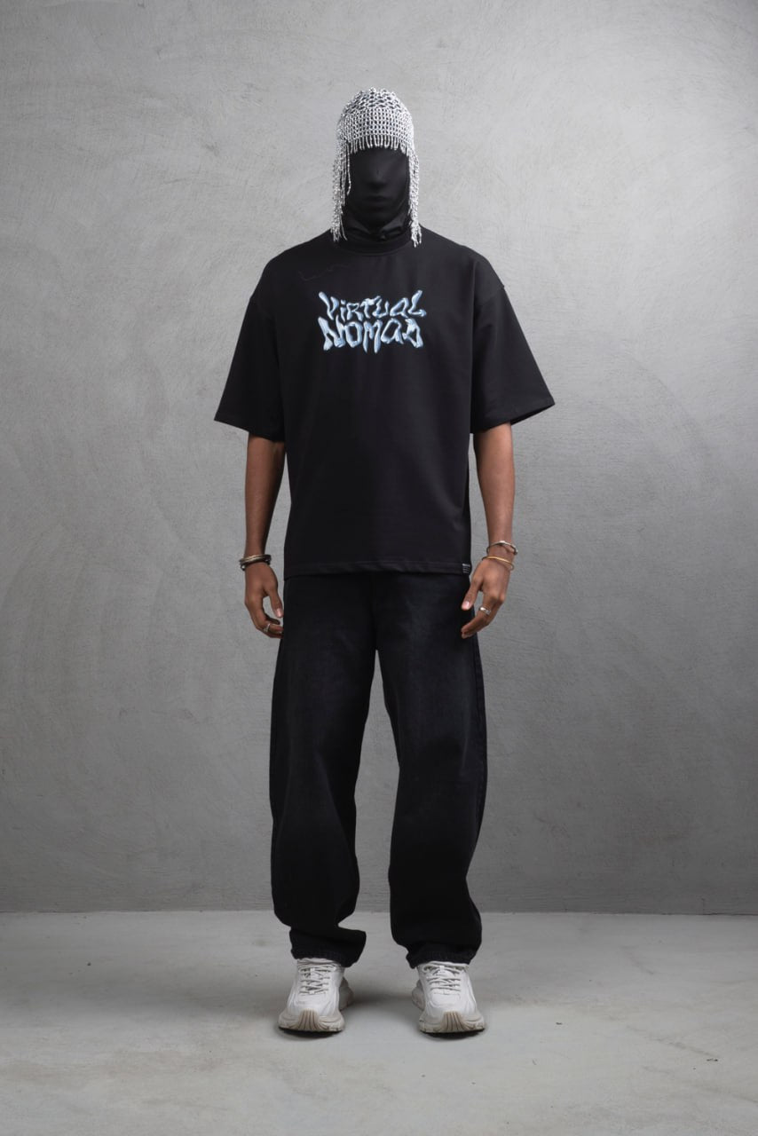 Oversize Cotton Tee – "Virtual Nomad" Graphic Print Withinblack