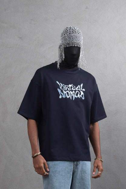 Oversize Cotton Tee – "Virtual Nomad" Graphic Print Withinblack