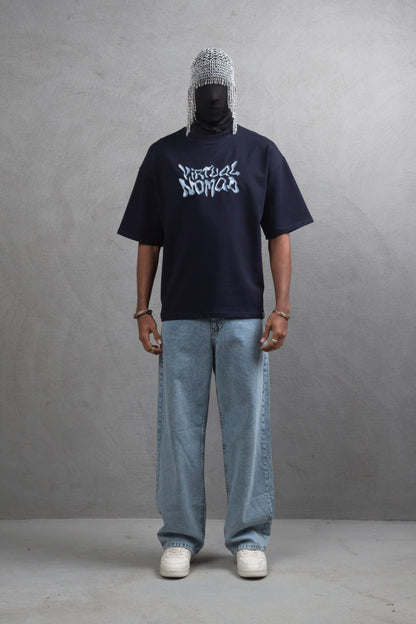 Oversize Cotton Tee – "Virtual Nomad" Graphic Print Withinblack