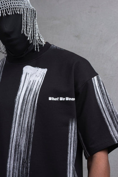 Oversize Graphic Cotton Tee - Abstract Vertical Stroke Print Withinblack