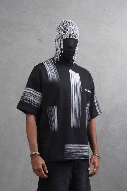 Oversize Graphic Cotton Tee - Abstract Vertical Stroke Print Withinblack