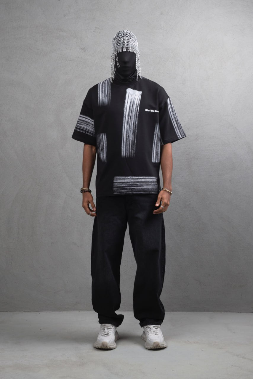 Oversize Graphic Cotton Tee - Abstract Vertical Stroke Print Withinblack