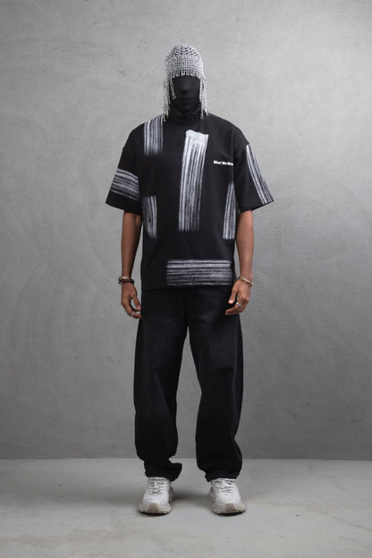 Oversize Graphic Cotton Tee - Abstract Vertical Stroke Print Withinblack