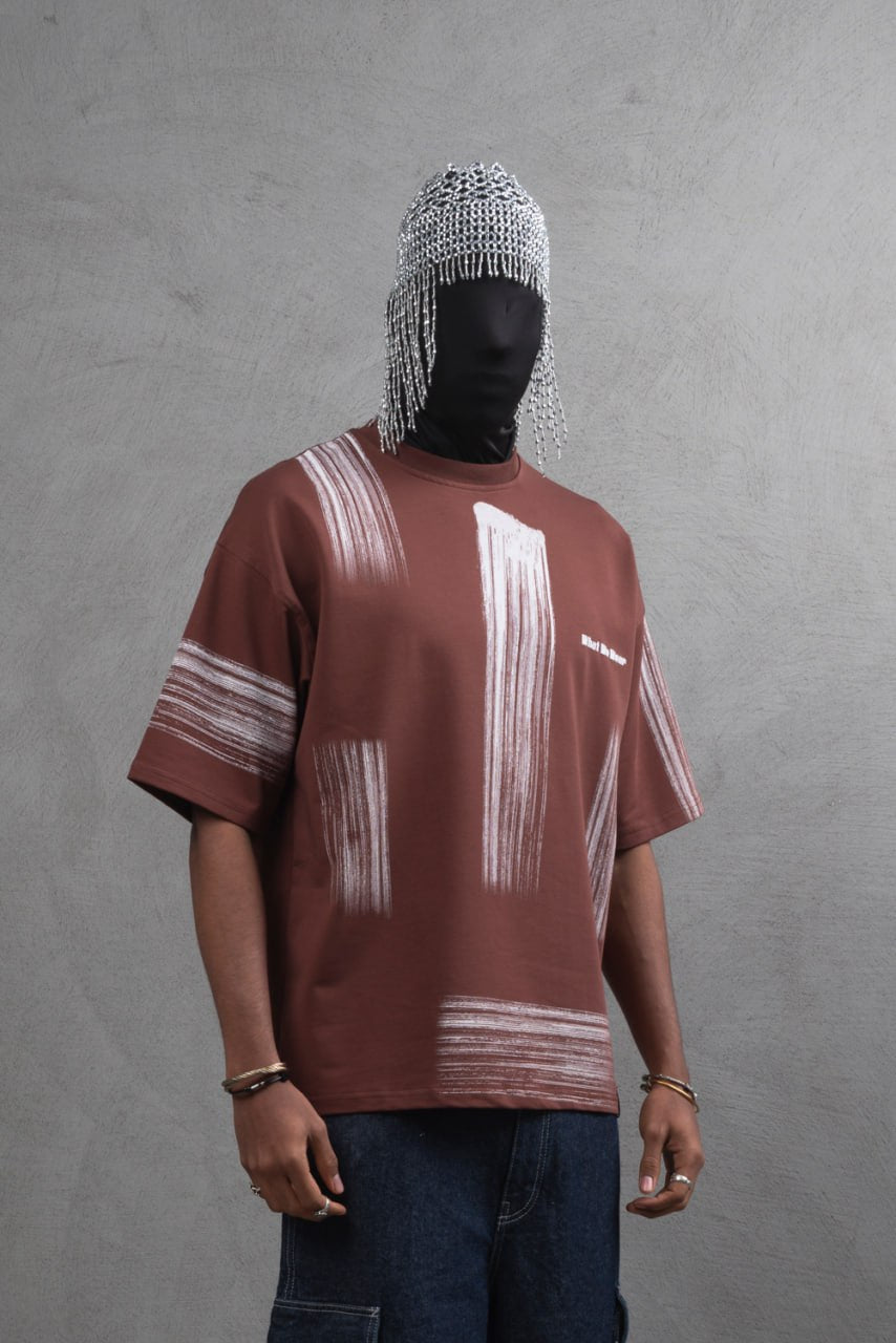 Oversize Graphic Cotton Tee - Abstract Vertical Stroke Print Withinblack