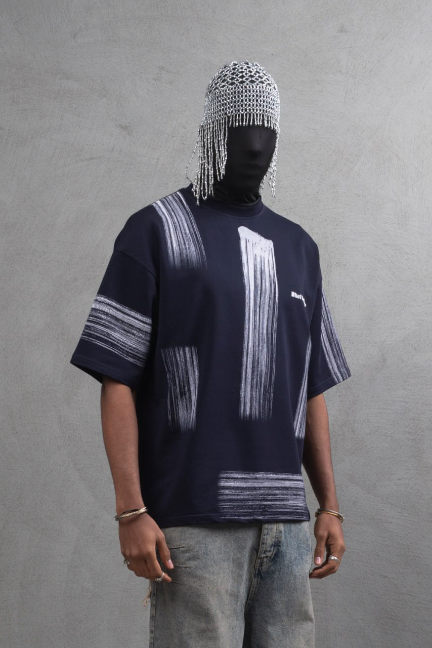 Oversize Graphic Cotton Tee - Abstract Vertical Stroke Print Withinblack