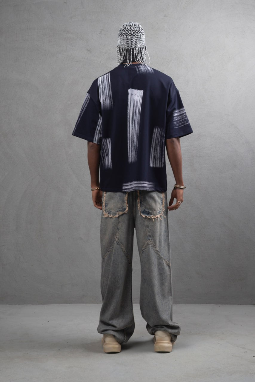 Oversize Graphic Cotton Tee - Abstract Vertical Stroke Print Withinblack