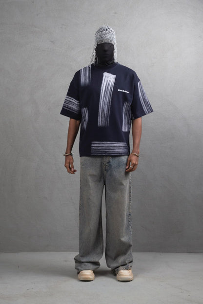 Oversize Graphic Cotton Tee - Abstract Vertical Stroke Print Withinblack