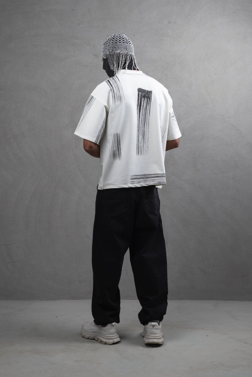Oversize Graphic Cotton Tee - Abstract Vertical Stroke Print Withinblack