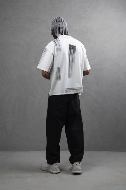 Oversize Graphic Cotton Tee - Abstract Vertical Stroke Print Withinblack