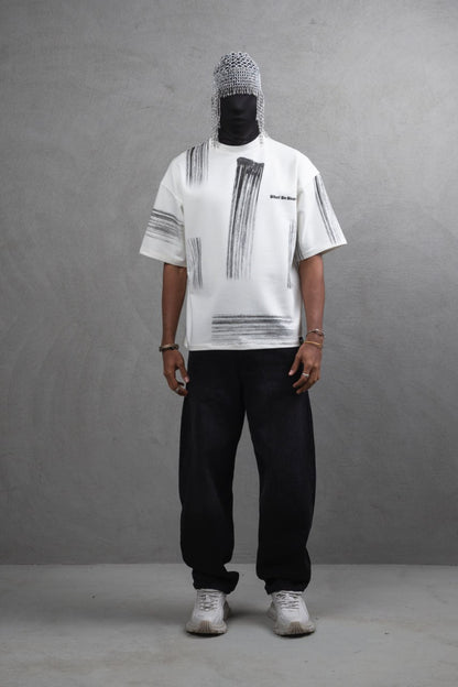Oversize Graphic Cotton Tee - Abstract Vertical Stroke Print Withinblack