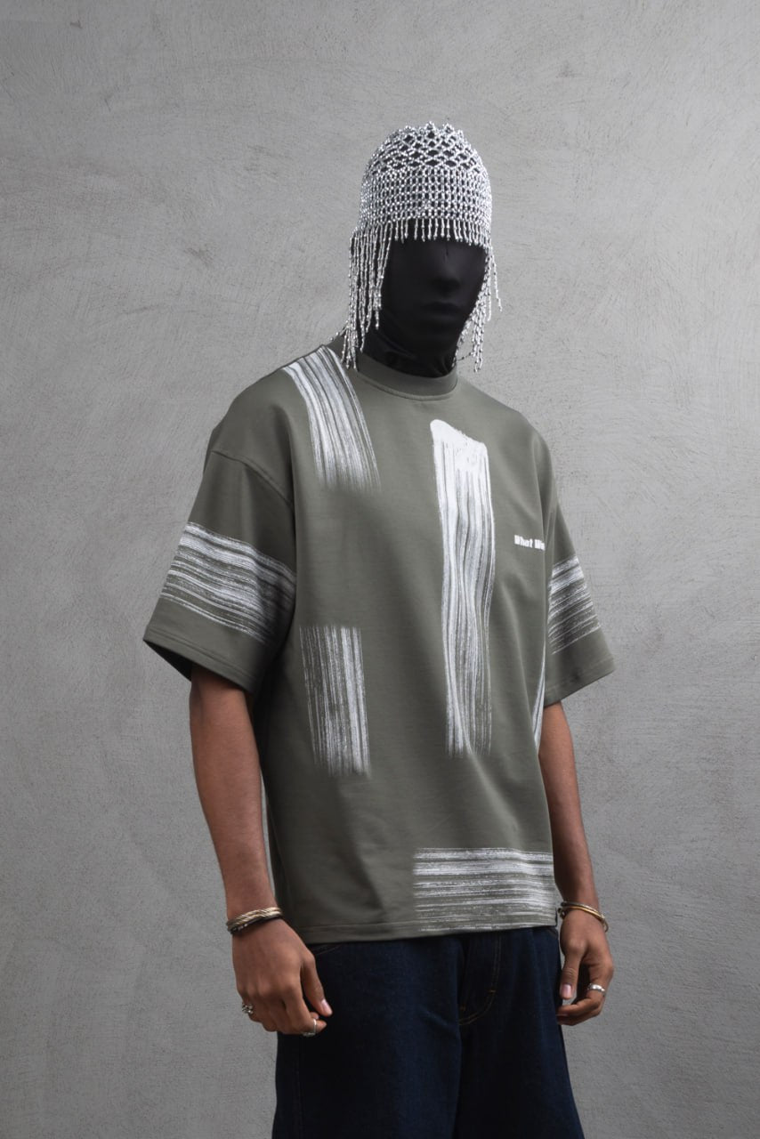 Oversize Graphic Cotton Tee - Abstract Vertical Stroke Print Withinblack