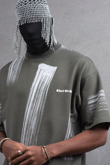 Oversize Graphic Cotton Tee - Abstract Vertical Stroke Print Withinblack