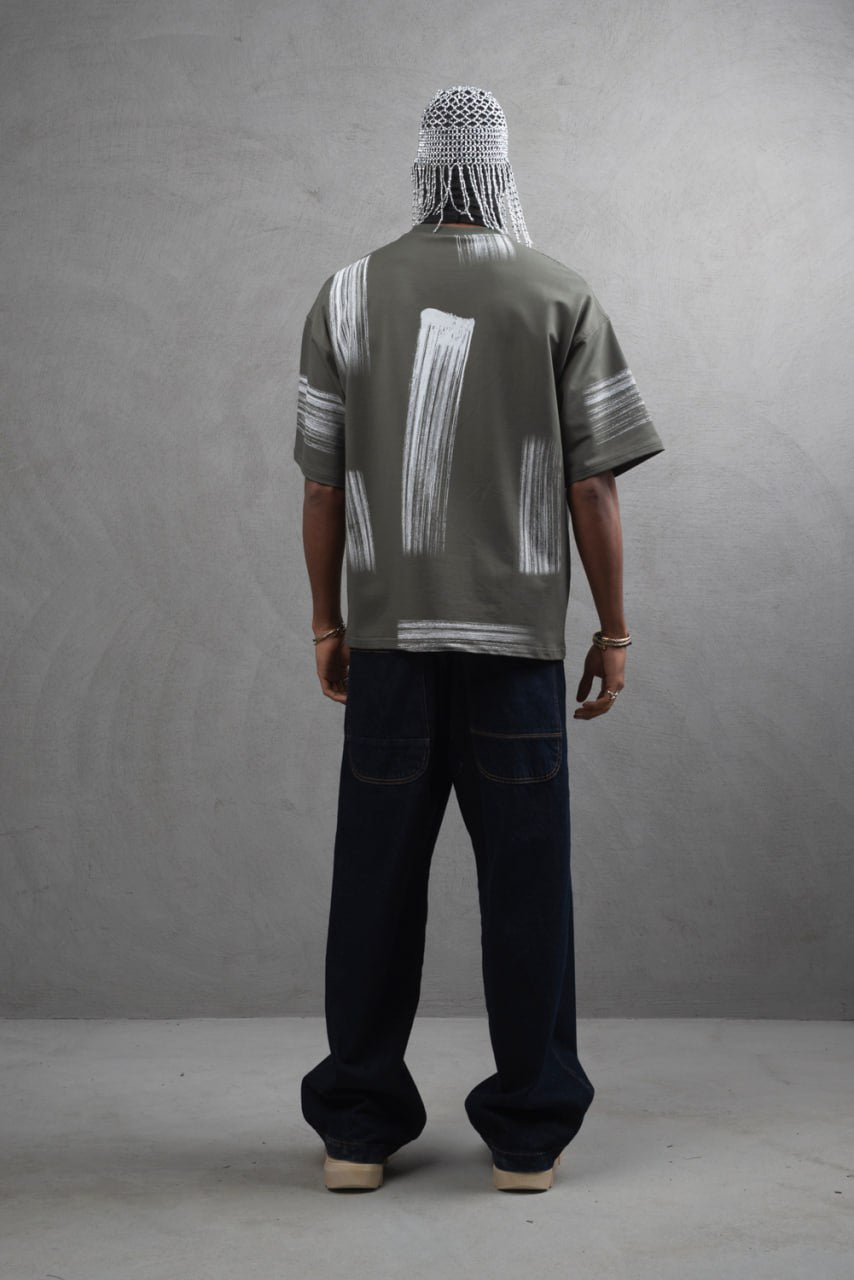 Oversize Graphic Cotton Tee - Abstract Vertical Stroke Print Withinblack