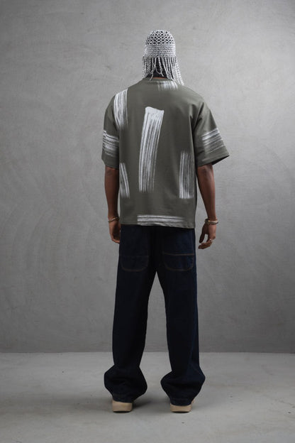 Oversize Graphic Cotton Tee - Abstract Vertical Stroke Print Withinblack