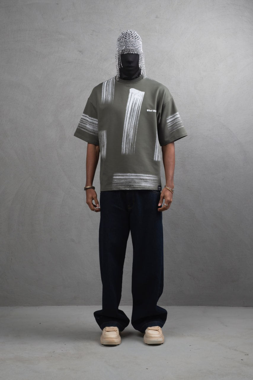 Oversize Graphic Cotton Tee - Abstract Vertical Stroke Print Withinblack