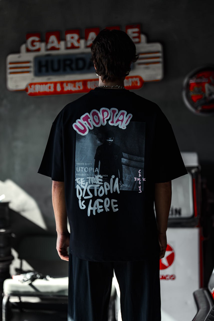 Oversize Graphic Cotton Tee – Travis Scott Utopia Dystopia Print Withinblack