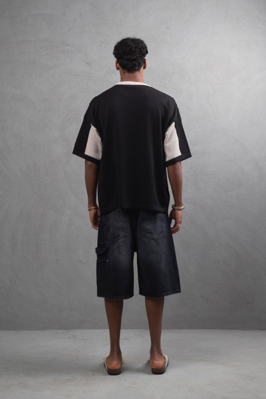 Oversize Textured Panel Cotton Tee – Vertical Striped Design Withinblack