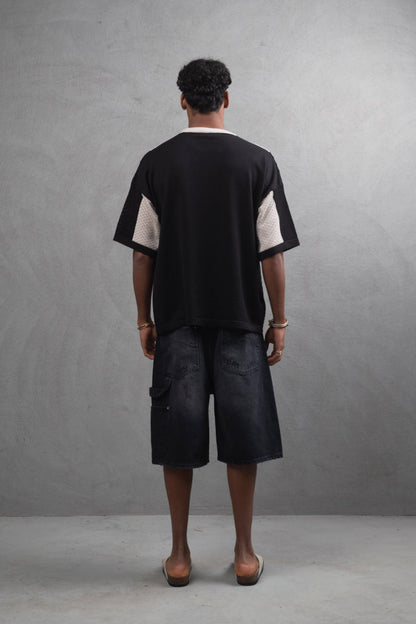 Oversize Textured Panel Cotton Tee – Vertical Striped Design Withinblack