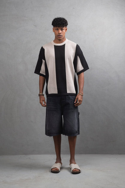 Oversize Textured Panel Cotton Tee – Vertical Striped Design Withinblack