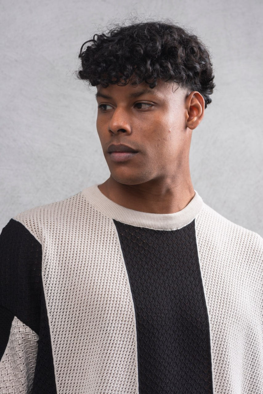Oversize Textured Panel Cotton Tee – Vertical Striped Design Withinblack