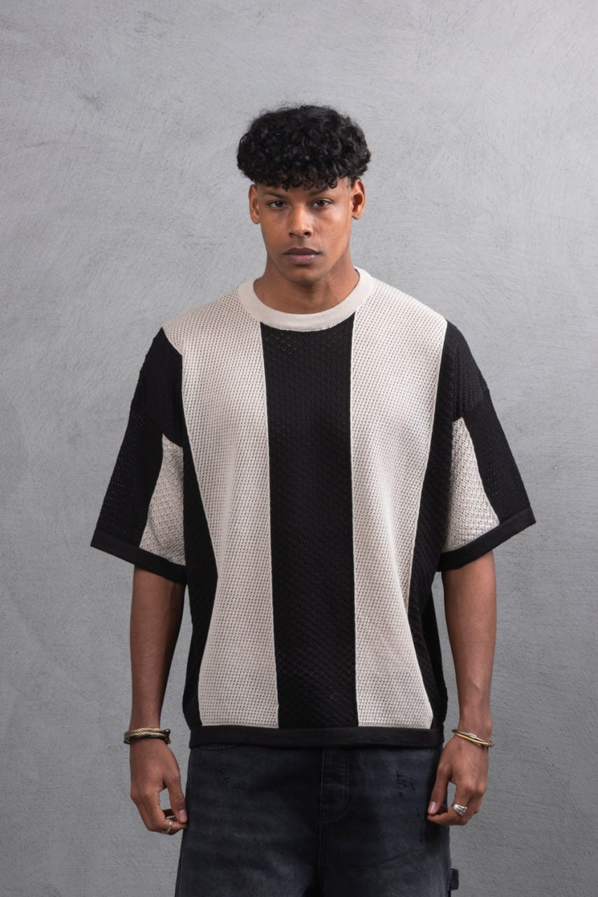 Oversize Textured Panel Cotton Tee – Vertical Striped Design Withinblack