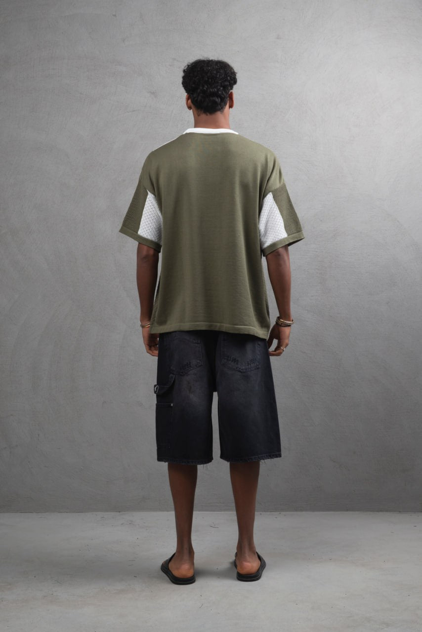 Oversize Textured Panel Cotton Tee – Vertical Striped Design Withinblack